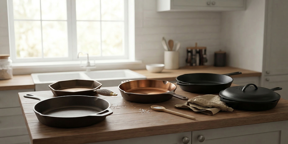 Cast iron skillets lined up for testing