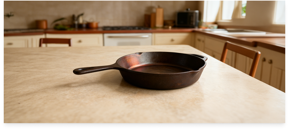 Cast iron skillet testing scorecard comparing heat retention, searing performance, ease of handling, design, price and value
